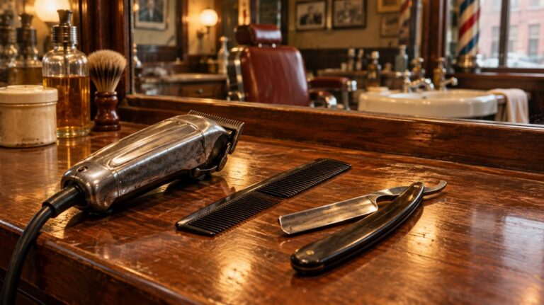 Andis Clippers: History and the Models Barbers Know 2 Old-fashioned electric hair clipper, comb and razor on a vintage barbershop counter