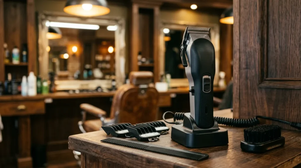 Heavy cordless barber clipper on its charging stand at a barber station