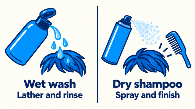 A two-panel blue diagram: Wet wash, Lather and rinse; Dry shampoo, Spray and finish.