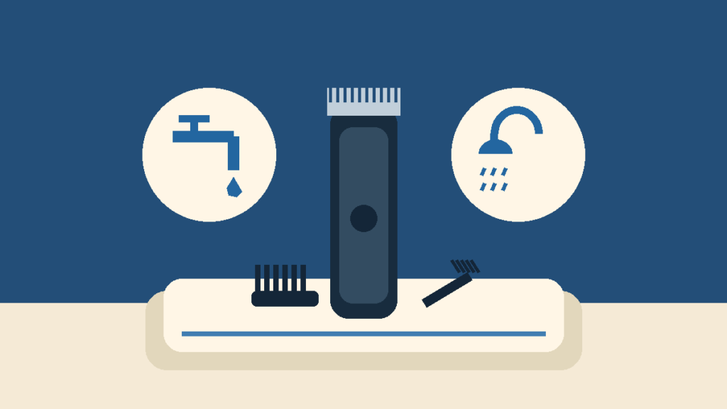Illustration of a generic cordless trimmer and cleaning brush on a dry towel between tap and shower symbols.