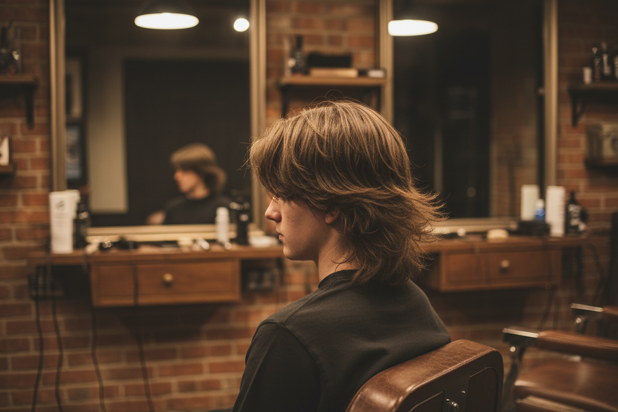 Men's Wolf Cut: The Razor Method, Step by Step 5 Finished men's wolf cut with layered crown, flipped nape ends and curtain fringe, styled matte