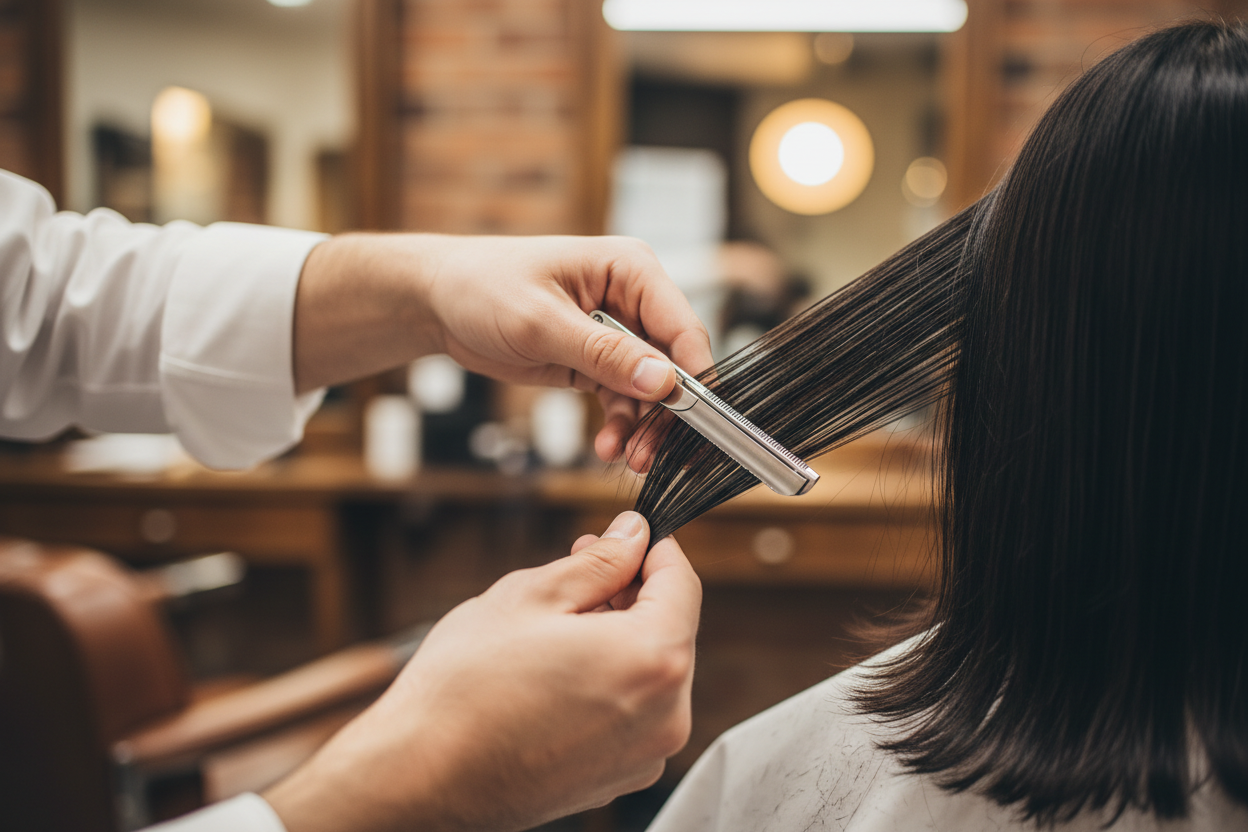 Men's Wolf Cut: The Razor Method, Step by Step 4 Barber using a guarded styling razor to point-cut soft layers into dark hair