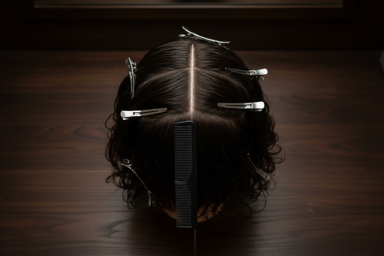 Men's Wolf Cut: The Razor Method, Step by Step 2 Mannequin head with dark hair sectioned with silver duckbill clips and a rat tail comb laying a center part on a barber station